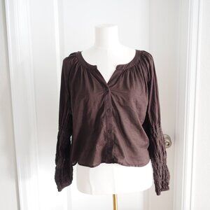 Aerie Peasant Blouse Coffee Brown Button-Up Ruched Sleeves Shirt Sz Large